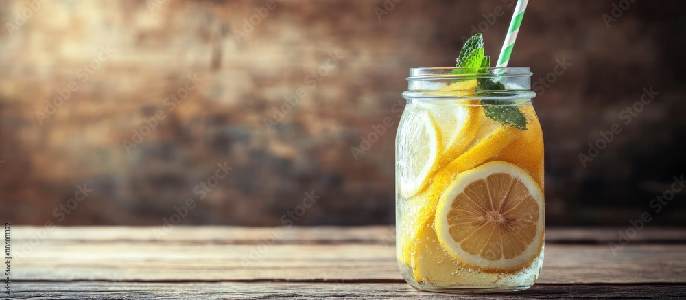 Poster refreshing ice cold water with lemon and mint served with a paper disposable straw lemonade in a gla