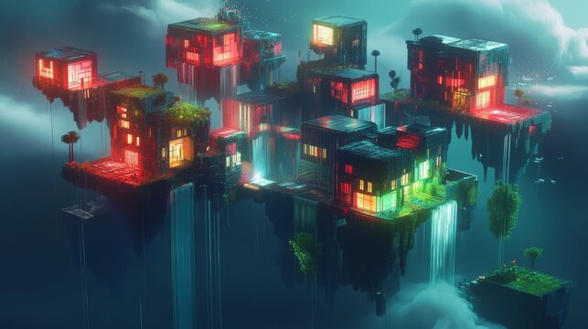 An isometric voxel cityscape floating in abstract space, with buildings made of translucent cubes in neon colors. Multiple cubic platforms at different elevations connect via pixelated waterfalls,