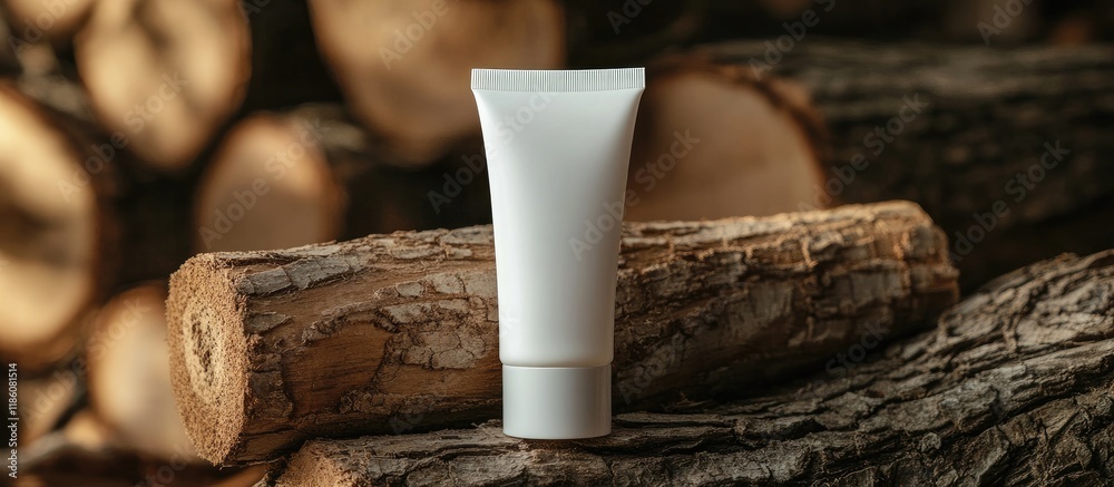 Aufkleber A tube of white cream rests on a stack of wood. with copy space image. Place for adding text or design