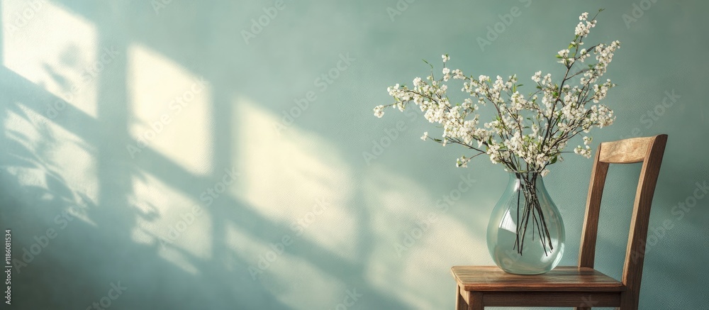 Leinwandbilder vase with blooming branches on a chair beside a colored wall. with copy space image. place for addin