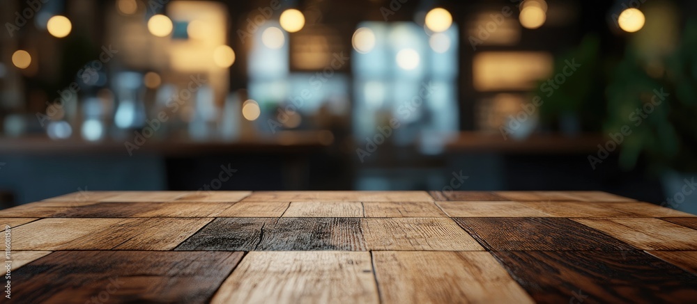 Poster Pattern dot pixelation image of a vacant wooden table and a blurred coffee shop background with bokeh. with copy space image. Place for adding text or design