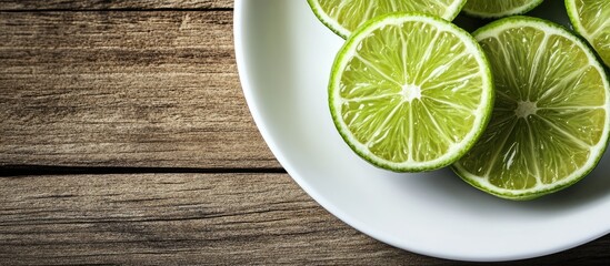 Fresh lime Close up of sliced limes on a white plate Wooden table Copy space