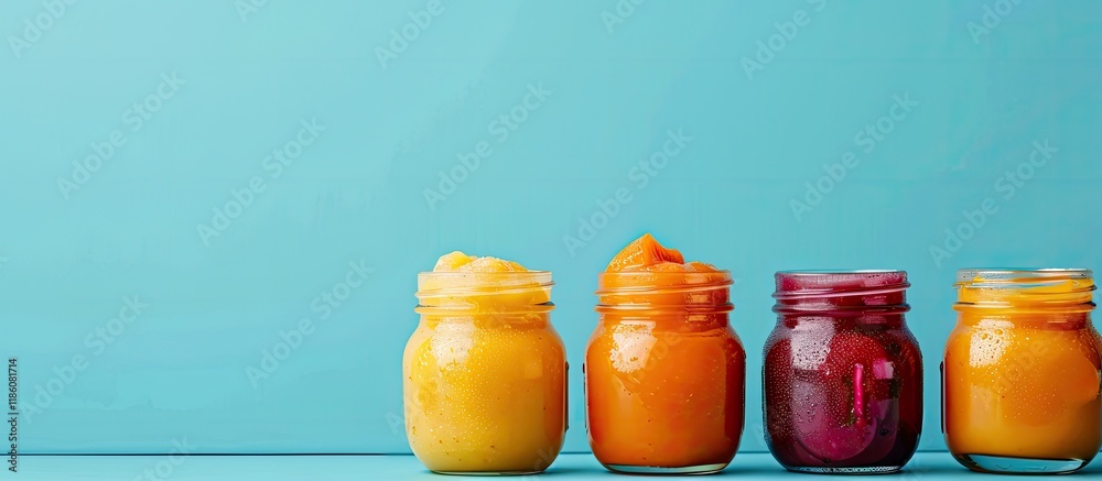 Leinwandbilder jars of fresh homemade puree set against a blue background three varieties of baby food apple plum a