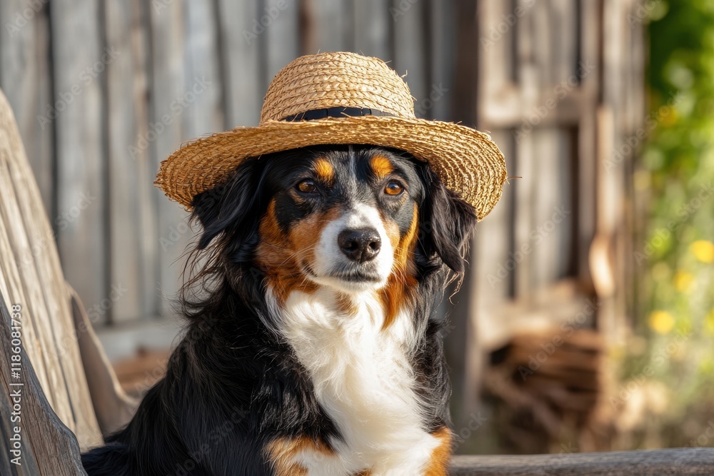 Poster dog in a straw hat relaxes on a rustic farm in the warm afternoon sunlight with a charming backgroun