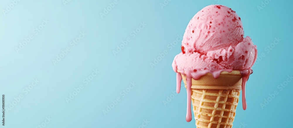 Poster strawberry ice cream dripping and overflowing from the waffle cone against a blue background minimal