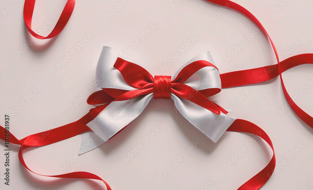 Poster red and white ribbon bow is on a white background. the bow is made of satin ribbon and is tied in a 