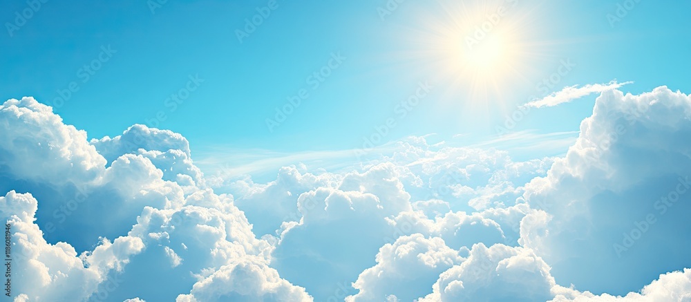 Poster bright sun shining against clear blue skies with fluffy white clouds. with copy space image. place f