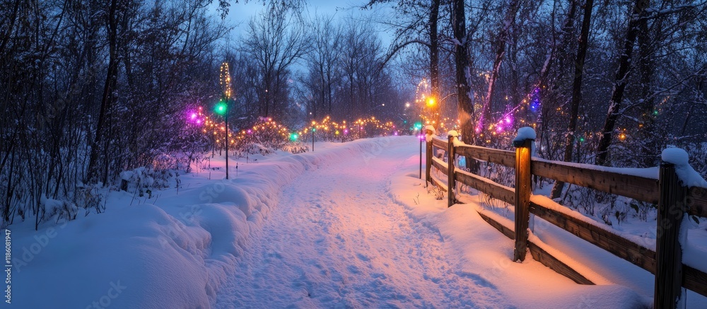 Aufkleber clear panorama trail on snow covered ground beside a fence adorned with colorful lights during winte