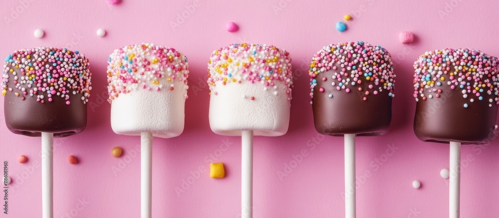 Leinwandbilder Aerial view of marshmallow pops dipped in chocolate and adorned with festive sprinkles. with copy space image. Place for adding text or design