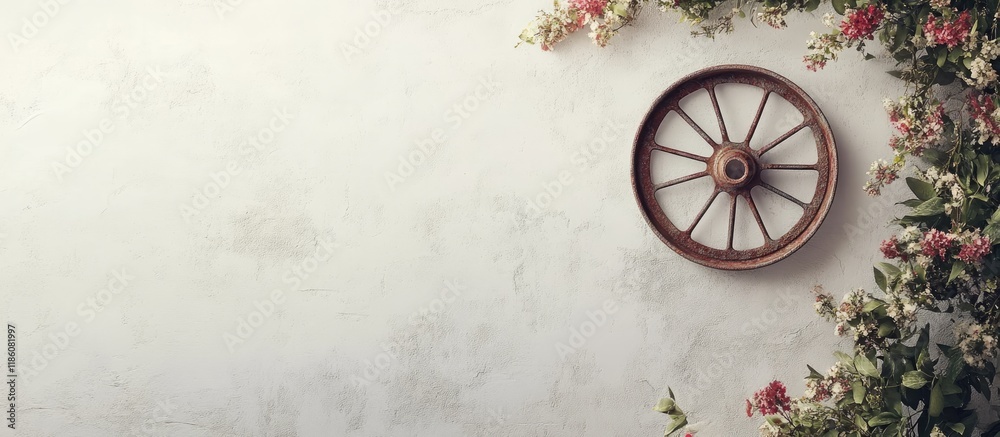 Poster an old wheel rim is hanging on a white wall adorned with flowers. with copy space image. place for a