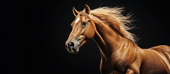 Obraz premium A chubby brown horse with a light mane trots This is a portrait of a fully grown mare from the front view The animal is in motion. with copy space image. Place for adding text or design