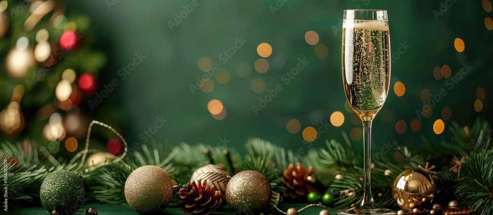 Poster champagne glass with holiday decorations on a green background. with copy space image. place for add