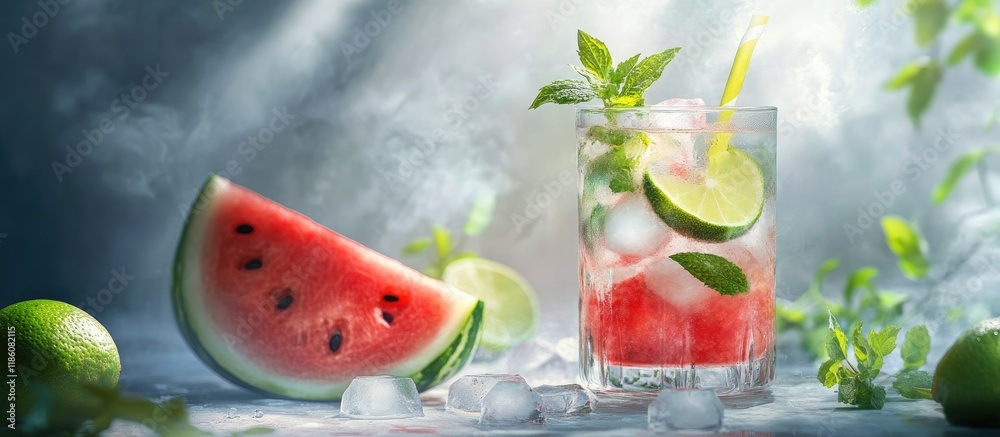 Leinwandbilder Fresh red watermelon mojito Made with watermelon lemon lime mint leaves and ice The drink is placed on a white table with half a watermelon in the background and scattered ice and mint on the table