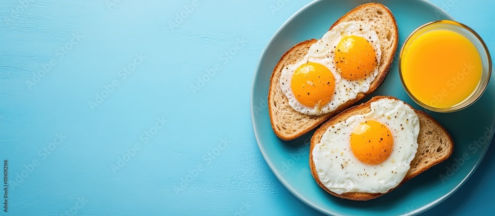Poster healthy breakfast featuring eggs toast and orange juice on a blue background top view copyspace
