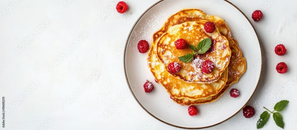Poster Syrniki or cottage cheese pancakes with berries on a white background Top view Russian and Ukrainian cuisine. with copy space image. Place for adding text or design