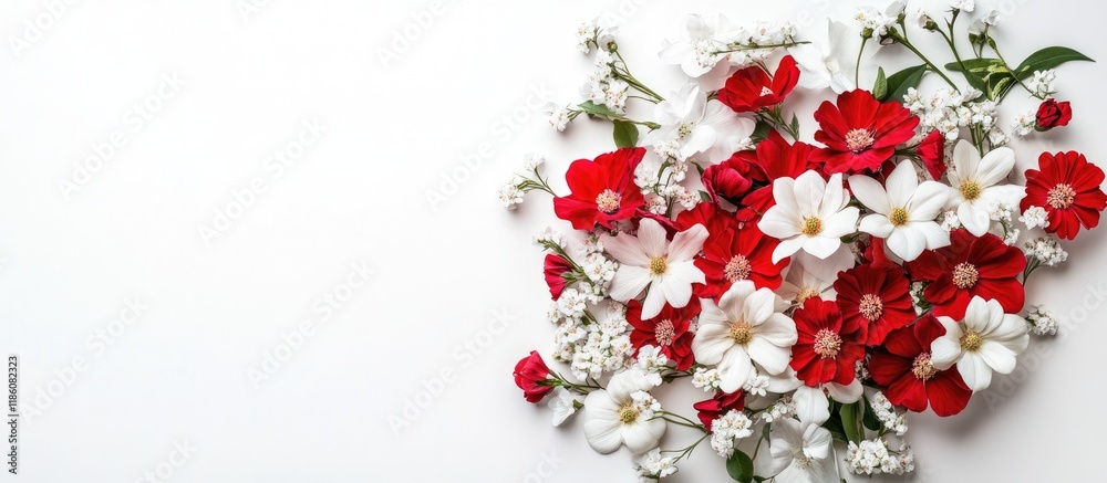 Leinwandbilder Bouquet of red and white spring blooms on a white background top view. with copy space image. Place for adding text or design