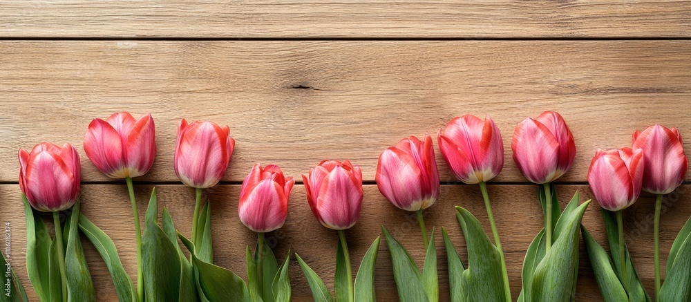 Fototapete border made of vibrant pink tulip flowers on a wooden surface selective focus space for text. with c