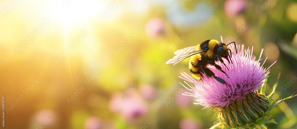 Aufkleber baby bumblebee on a thistle flower in a summer meadow. with copy space image. place for adding text 