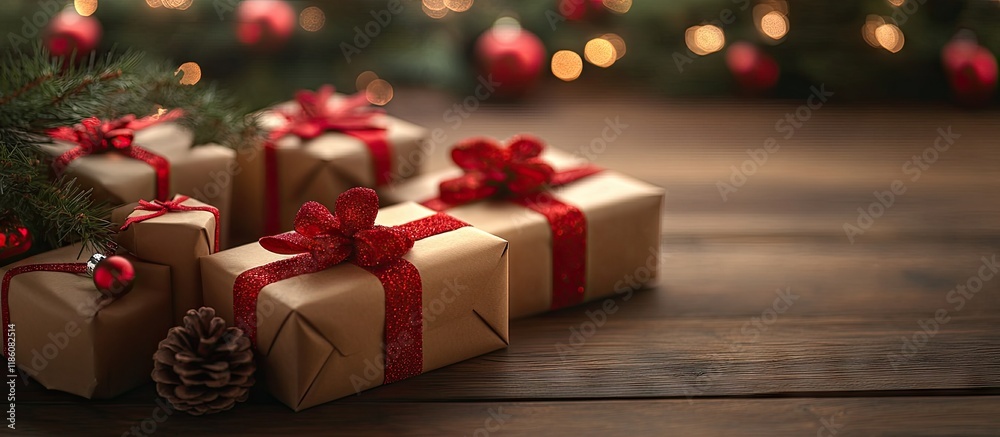 Poster Christmas gifts packaged and wrapped on a wooden table. with copy space image. Place for adding text or design