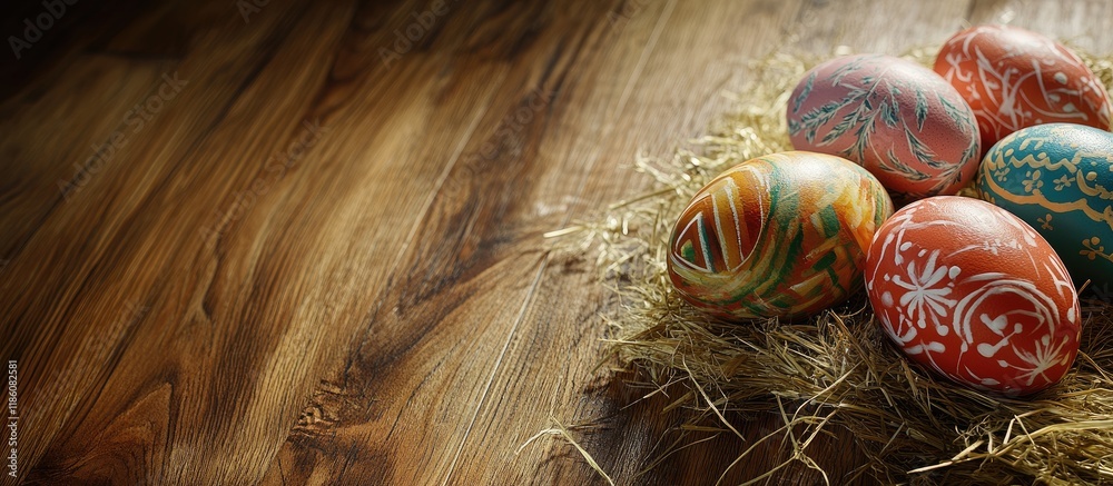 Aufkleber painted easter eggs placed on straw on the polished floor easter day. with copy space image. place f