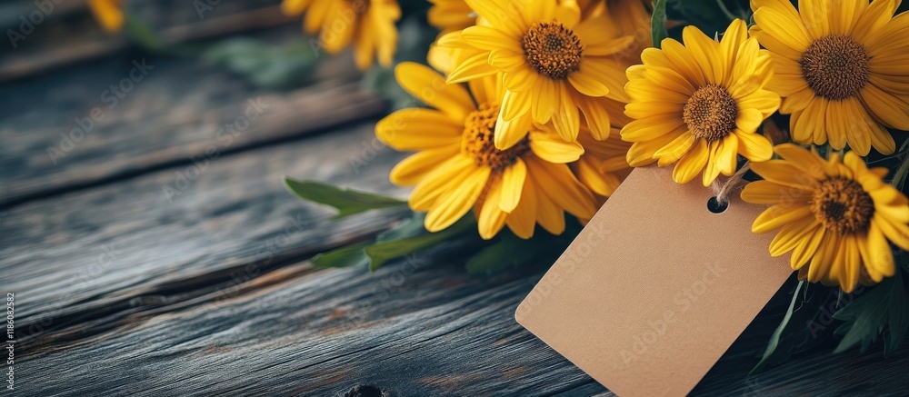 Poster Fresh yellow flowers and a blank tag for your text. with copy space image. Place for adding text or design