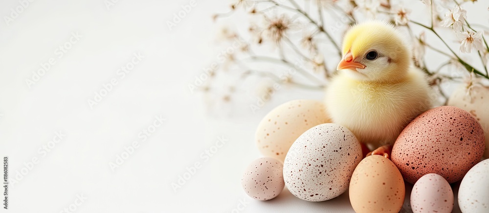 Poster Easter eggs alongside a baby chick on a white background Spring Time. with copy space image. Place for adding text or design