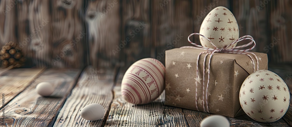 Aufkleber Easter theme featuring decorative eggs and gift boxes on a wooden surface. with copy space image. Place for adding text or design