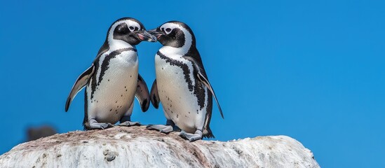 Fototapeta premium A pair of African penguins shows affection by making contact beak to beak while perched on a large rock. with copy space image. Place for adding text or design
