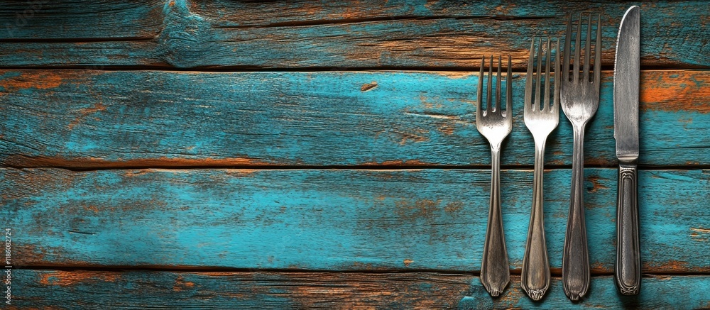 Aufkleber Cupronickel knife and fork on a vibrant wooden surface. with copy space image. Place for adding text or design