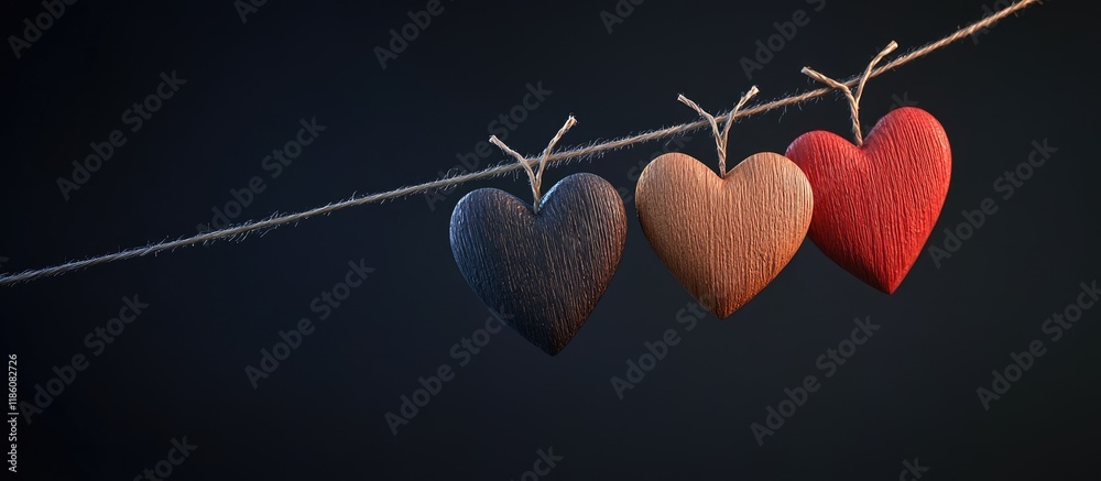 Poster lovely wooden hearts strung on lines. with copy space image. Place for adding text or design