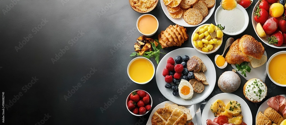 Aufkleber Breakfast food arrangement Celebratory brunch spread. with copy space image. Place for adding text or design