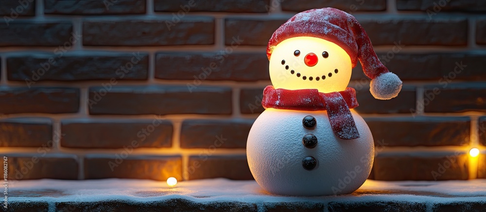 Poster front view snowman night light against brick wall. with copy space image. Place for adding text or design
