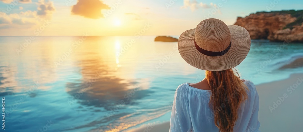 Aufkleber woman with a hat reflecting on the cove tourist at the beach. with copy space image. Place for adding text or design