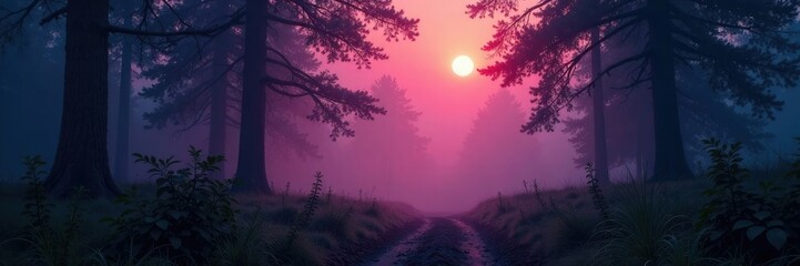 Fototapeta premium Luminous Mist Shrouds Forest Floor Amidst Twilight, mist, forest