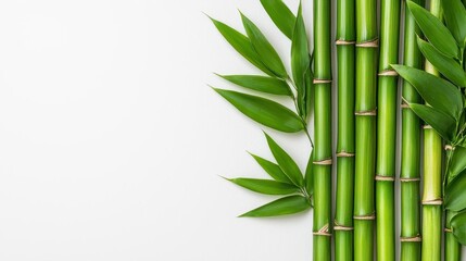 A photostock of vibrant green bamboo leaves with soft shadows, arranged artistically on a clean white background, natural and minimalistic, High Quality