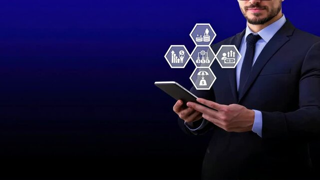 Businessman holding a mobile phone displaying digital hexagon icons symbolizing the Employee Provident Fund, EPF account, employee benefits, and employee savings growth