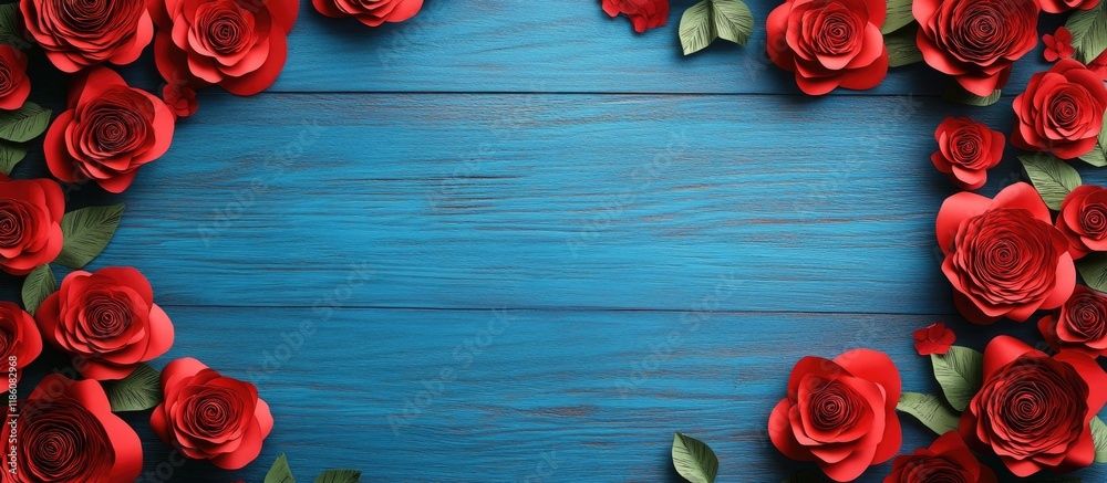 Aufkleber top view of a bordered frame created with red paper roses blue wooden surface holiday background fea