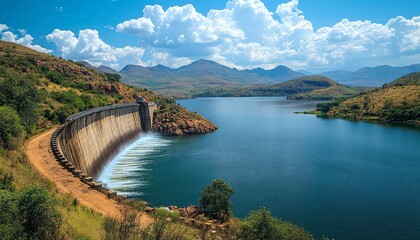 Obraz premium Water flowing over a hydroelectric dam, illustrating natures strength and peaceful essence in a scenic view