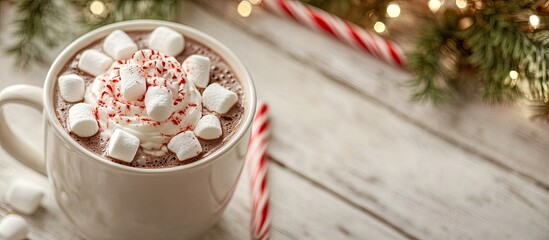Delicious hot chocolate topped with marshmallows and a candy cane on a light wooden table close up Room for text. with copy space image. Place for adding text or design
