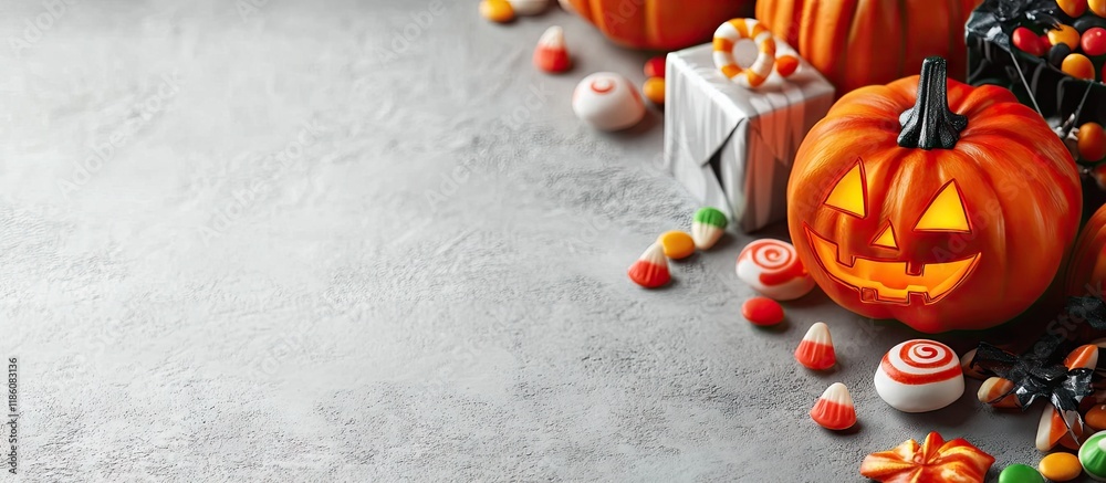 Poster Arrangement of Halloween decorations a gift box and candies on a light background. with copy space image. Place for adding text or design
