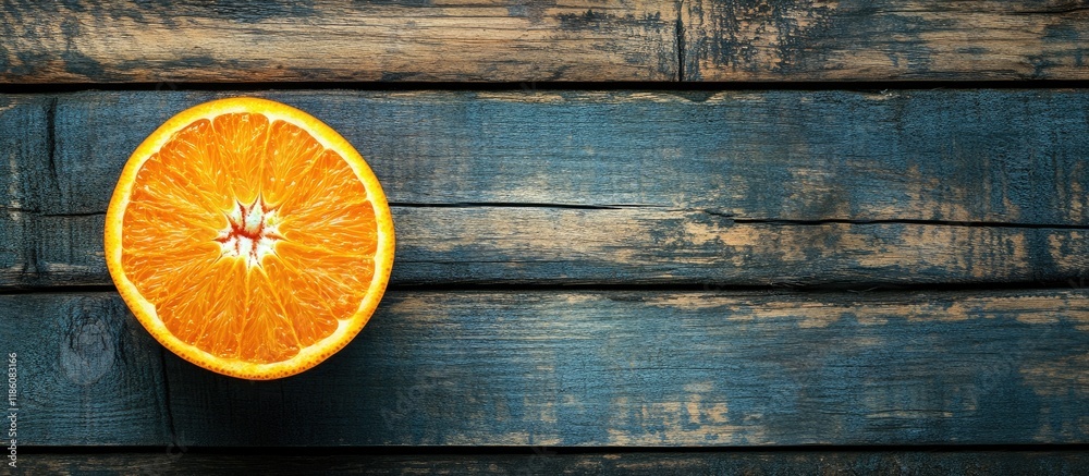 Leinwandbilder fresh orange on aged wood surface top view. with copy space image. place for adding text or design