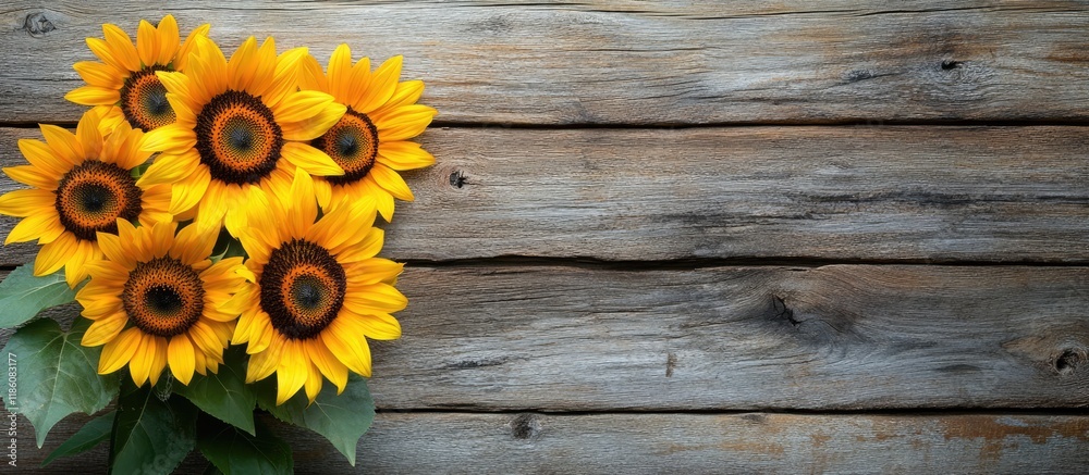 Fototapete sunflowers against a weathered wooden backdrop area for text. with copy space image. place for addin