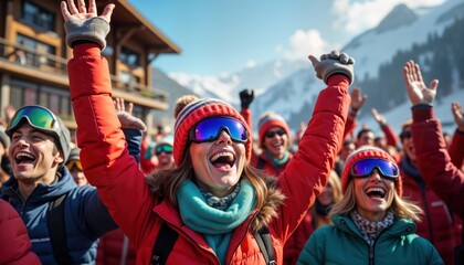 Excited people at ski resort celebrate. Group of happy adults in warm winter clothes raise hands. Joyful, outdoors. Sunny winter day. Snowy mountains visible in background. Vibrant party atmosphere.