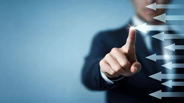 Businessman touching an upward pointing arrow on a virtual screen demonstrating Employee Provident Fund growth, EPF account opportunities, employee savings, and financial success