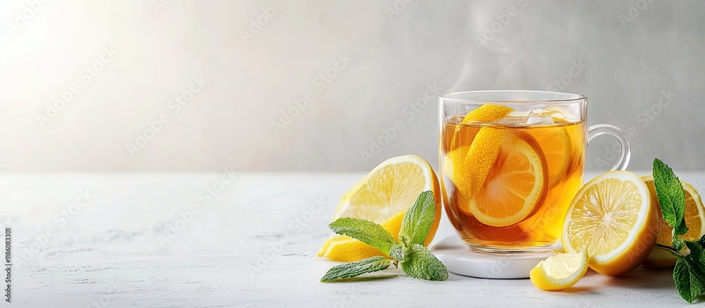 Aufkleber Ginger tea with lemon on a white table. with copy space image. Place for adding text or design