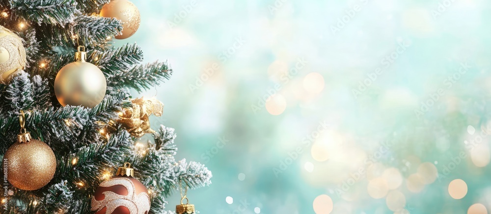 Poster Ornamented Christmas tree with a blurred backdrop. with copy space image. Place for adding text or design