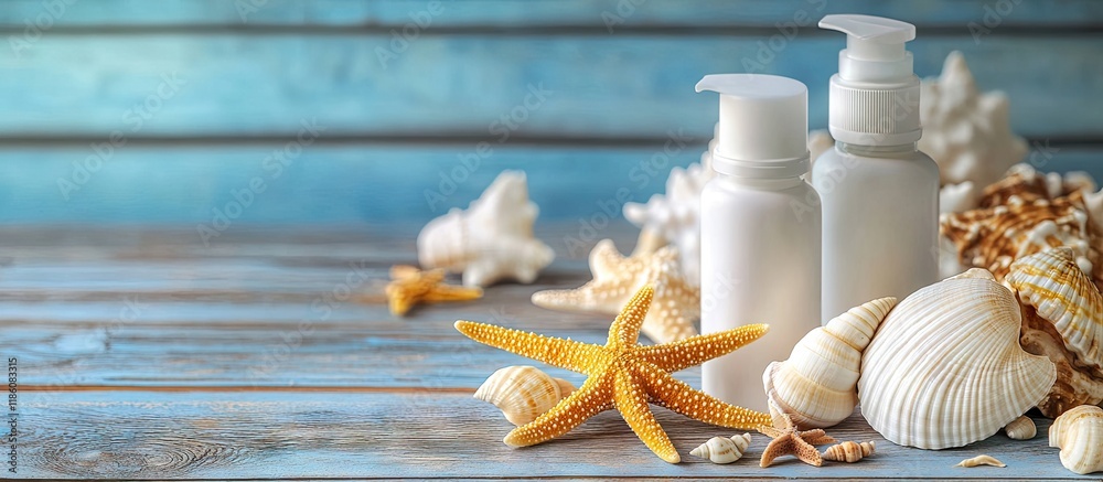 Aufkleber Sunscreen bottles featuring seashells and starfish on a wooden table representing the concept of summer travel vacation. with copy space image. Place for adding text or design