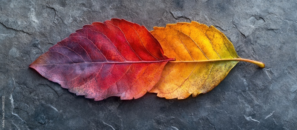 Fototapete autumn leaf cut with a colorful gradient transition in a creative arrangement the seasonal change cy