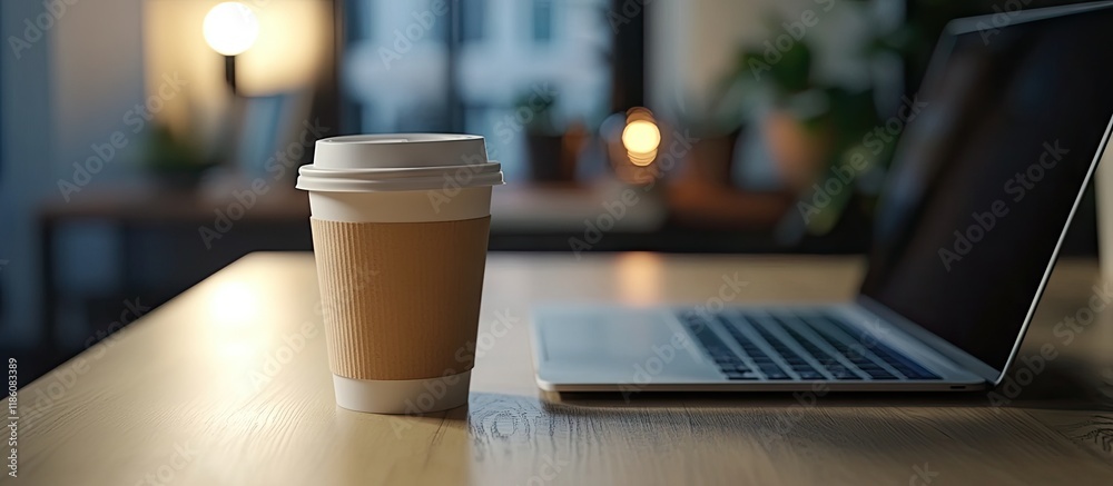 Poster Coffee cup and laptop for professional use with a selective focus on the coffee. with copy space image. Place for adding text or design