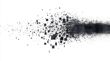 Minimal line graph icon fragmenting through pixel sorting effect, bars dissolving into ordered grid of squares. Statistical elements break down systematically with precise square particle separation.